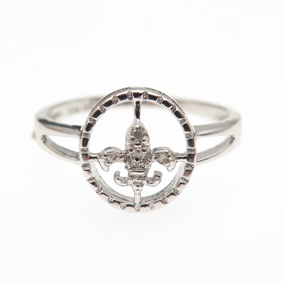 925 Sterling Silver Real Round-Cut Diamond Fleur de Lis Ring Size 8