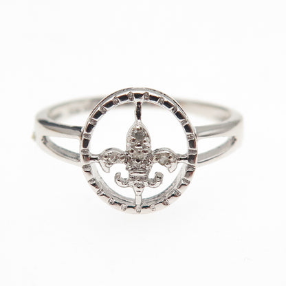 925 Sterling Silver Real Round-Cut Diamond Fleur de Lis Ring Size 8