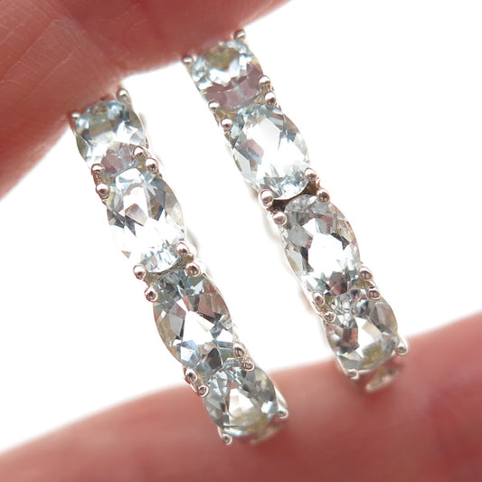 925 Sterling Silver Real Oval-Cut Aquamarine Hoop Earrings