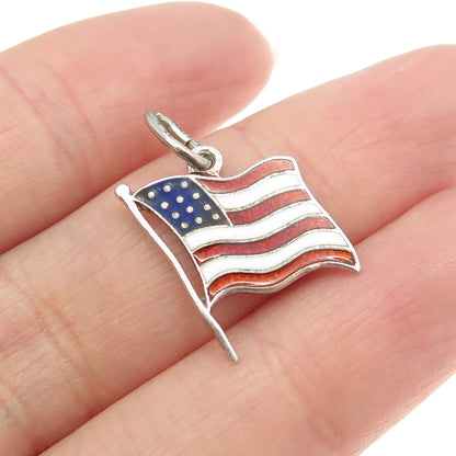 BEAU 925 Sterling Silver Vintage Enamel US Flag Minimalist Charm Pendant