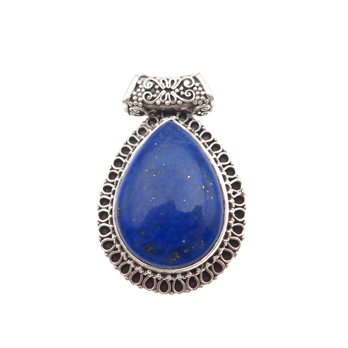 925 Sterling Silver Vintage Real Lapis Swirl Teardrop Oxidized Slide Pendant
