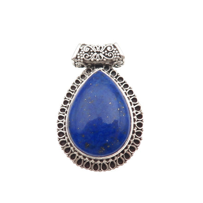 925 Sterling Silver Vintage Real Lapis Swirl Teardrop Oxidized Slide Pendant