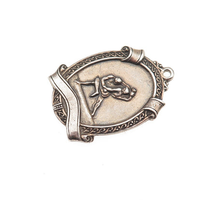 925 Sterling Silver Antique Art Deco Wrestling Medallion Oxidized Pendant