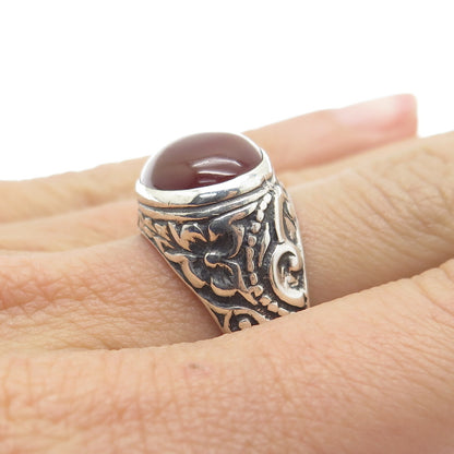 925 Sterling Silver Vintage Real Carnelian Flower Oxidized Ring Size 7