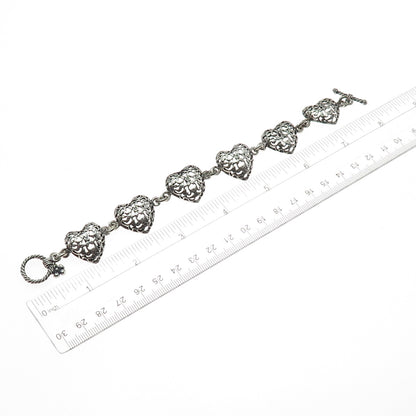 925 Sterling Silver Vintage JRI Ornate Heart Link Oxidized Bracelet 7.25"