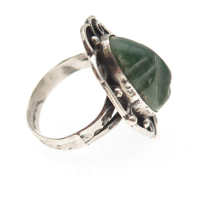 925 Sterling Silver Vintage Mexico Real Jade Carved God Oxidized Ring Size 7