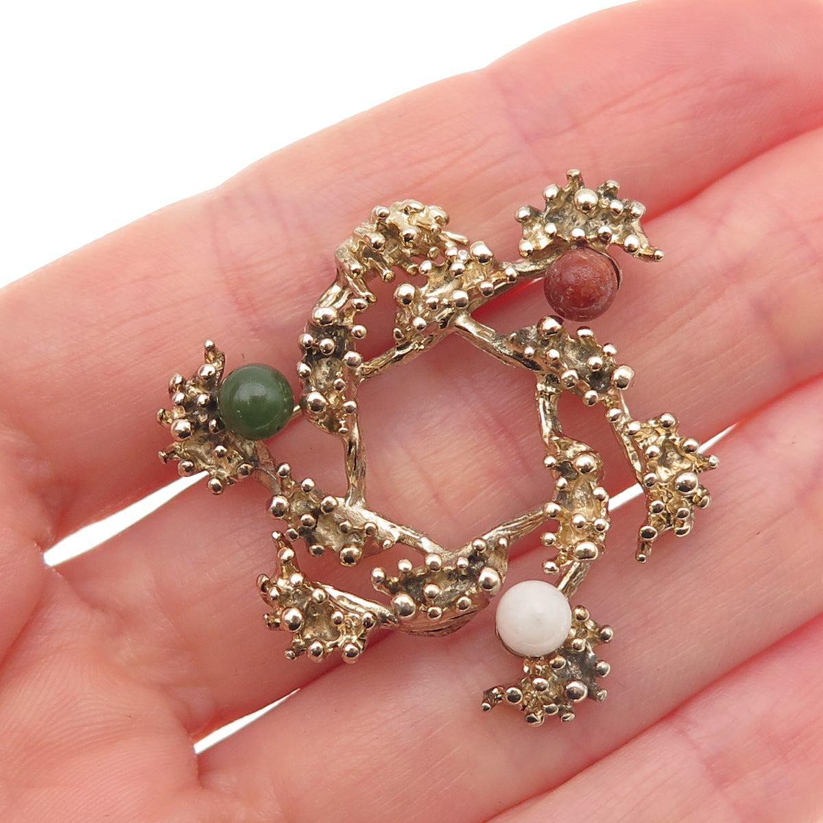 Wells 925 Sterling Gold Plated Vintage Real Jade Moonstone Rhodonite Pin Brooch