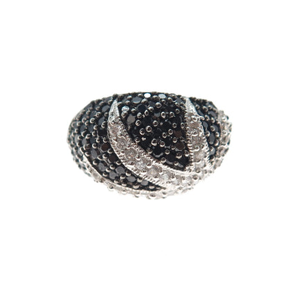925 Sterling Silver Round-Cut Black & White C Z Floral Dome Ring Size 5.25
