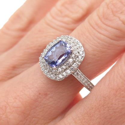 925 Sterling Silver Real Tanzanite & Round-Cut White Topaz Ring Size 8