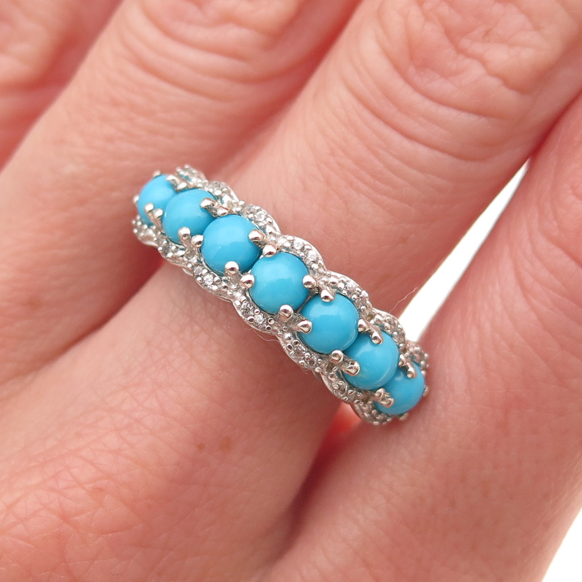 925 Sterling Silver Real Sleeping Beauty Turquoise & White Topaz Ring Size 8