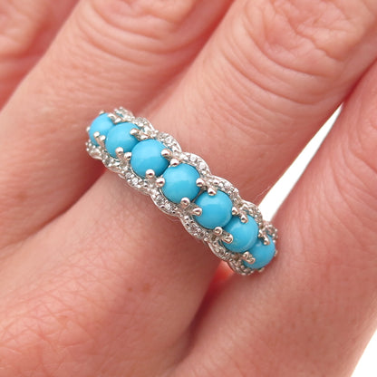 925 Sterling Silver Real Sleeping Beauty Turquoise & White Topaz Ring Size 8