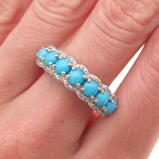 925 Sterling Silver Real Sleeping Beauty Turquoise & White Topaz Ring Size 8