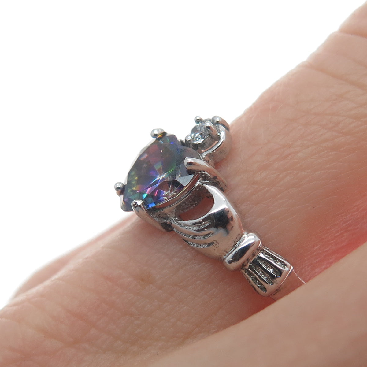 925 Sterling Silver Heart-Cut Mystic Quartz & C Z Irish Claddagh Ring Size 7.5