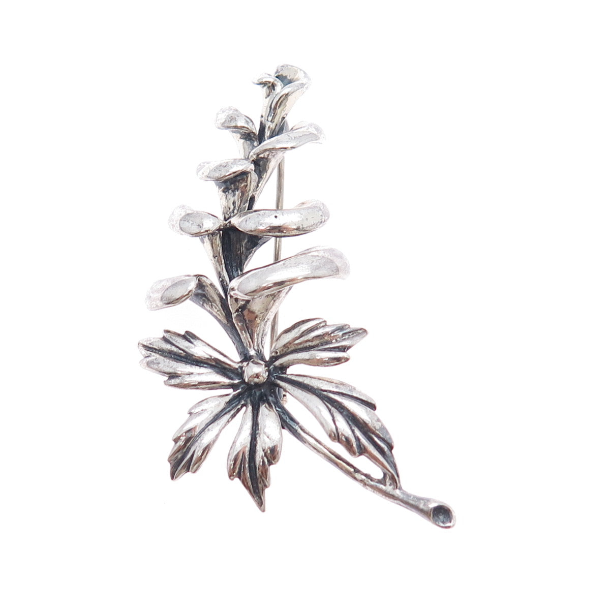 JEWELART 925 Sterling Silver Vintage Modernist Flower Oxidized Pin Brooch