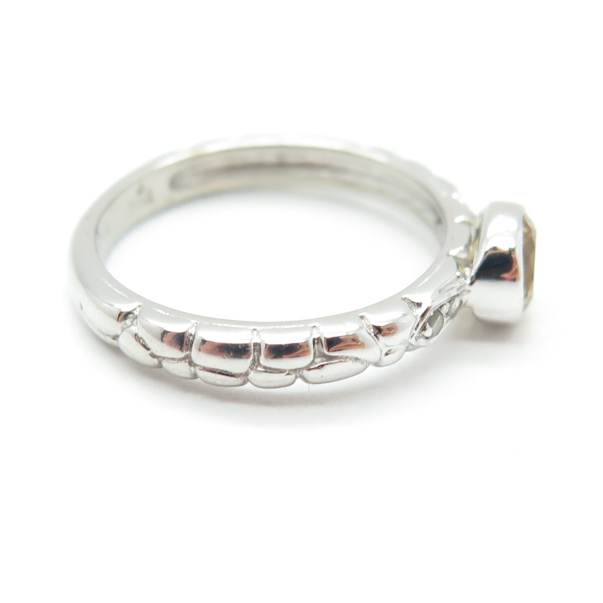 925 Sterling Silver Real White Diamond & Citrine Gemstone Pebble Ring Size 6.75