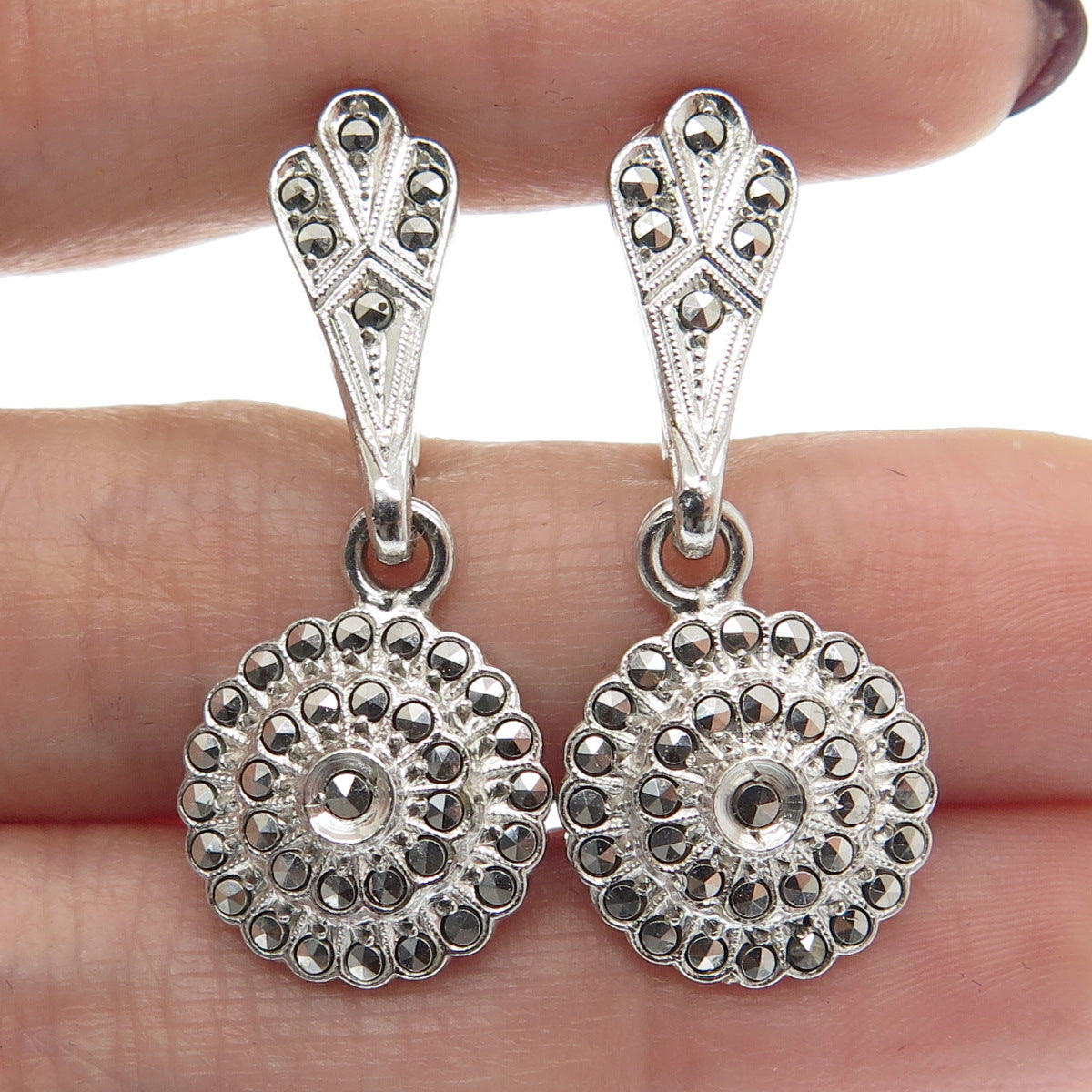 925 Sterling Silver Antique Art Deco Real Marcasite Dangling Screw Back Earrings