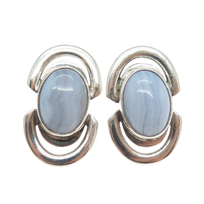 925 Sterling Silver Vintage Real Blue Lace Agate Modernist Earrings