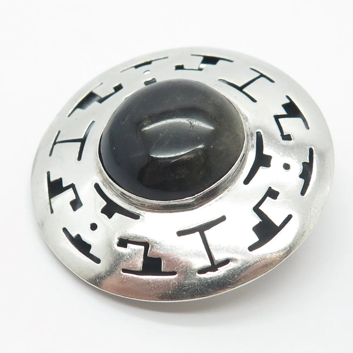 925 Sterling Silver Vintage Mexico JLP Real Obsidian Gem Pin Brooch / Pendant