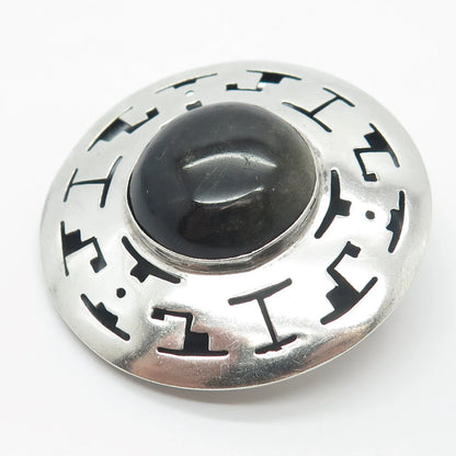 925 Sterling Silver Vintage Mexico JLP Real Obsidian Gem Pin Brooch / Pendant