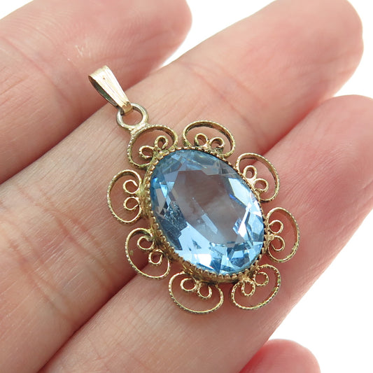 1/20 12K Gold Filled Antique Blue Oval-Cut Shaped C Z Ornate Pendant