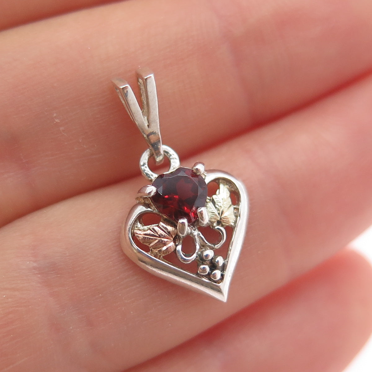 COLEMAN Sterling 12K Rose Yellow Gold Vintage Real Red Garnet Heart Mini Pendant