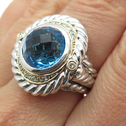 DANWAK 18K Gold Sterling 16 Diamond 0.20ct & Blue Topaz 10.09ct Ring Size 7