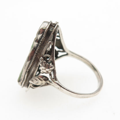 925 Sterling Silver Antique China Real Jade Carved Buddha Ring Size 8.25