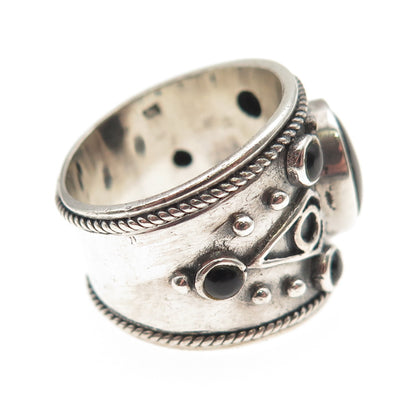 925 Sterling Silver Vintage Real Black Onyx Modernist Oxidized Ring Size 8.25
