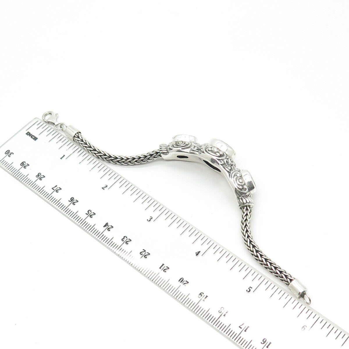 925 Sterling Silver Vintage Real Black Spinel Gem 3-Stone Scroll Bracelet 6"
