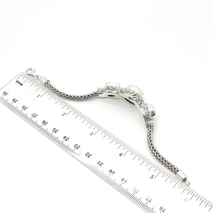 925 Sterling Silver Vintage Real Black Spinel Gem 3-Stone Scroll Bracelet 6"