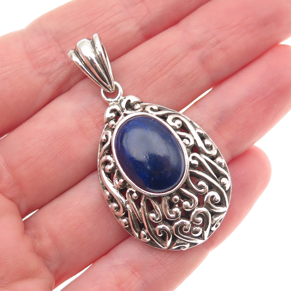 925 Sterling Silver Vintage Real Lapis Scroll Teardrop Oxidized Pendant