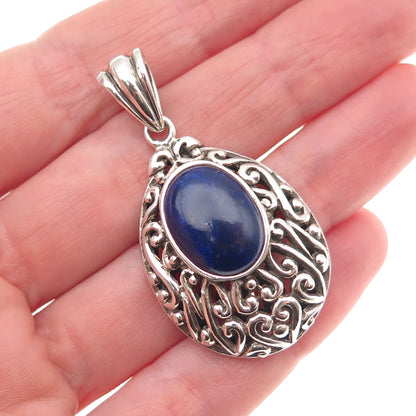 925 Sterling Silver Vintage Real Lapis Scroll Teardrop Oxidized Pendant