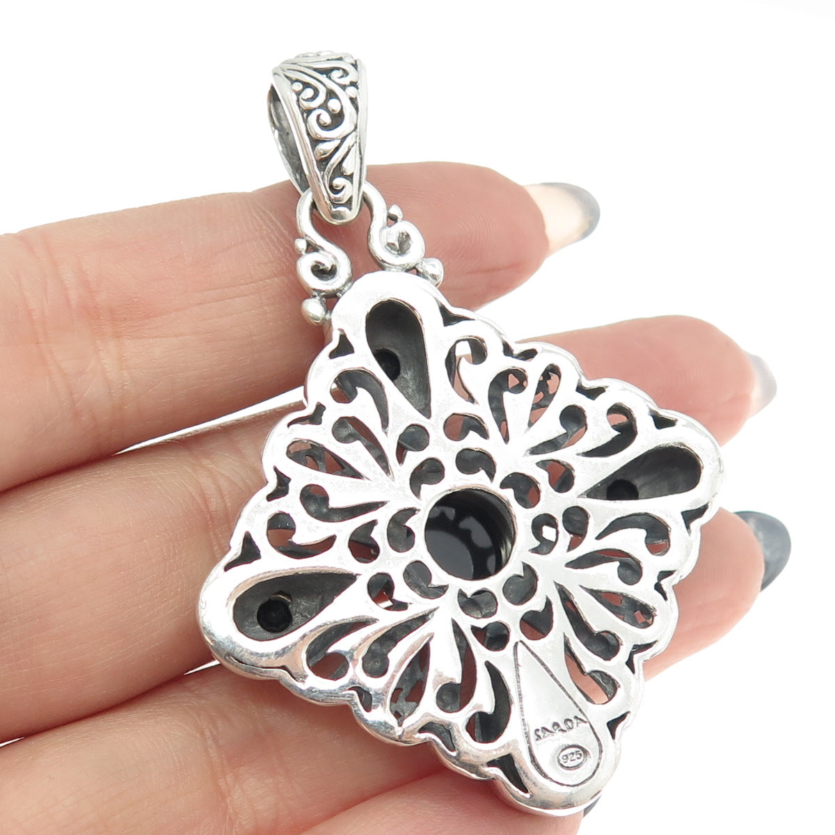 SARDA 925 Sterling Silver Vintage Real Black Onyx Gemstone Ornate Pendant