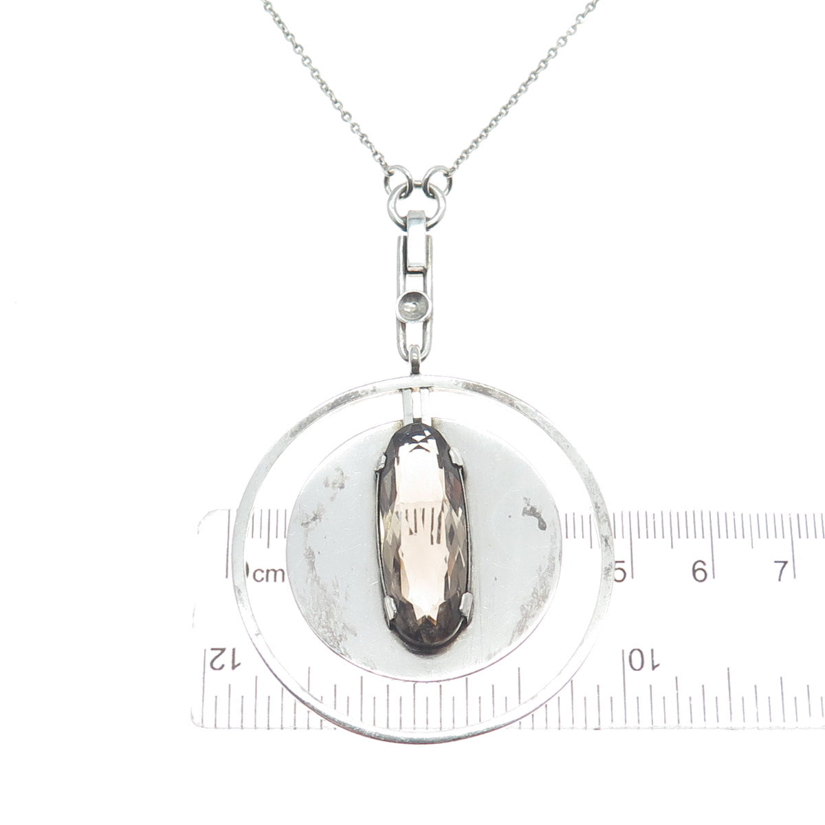 DENING-LEIPZIG 900 Silver Vintage Smoky Quartz Modernist Chain Necklace 16-18"