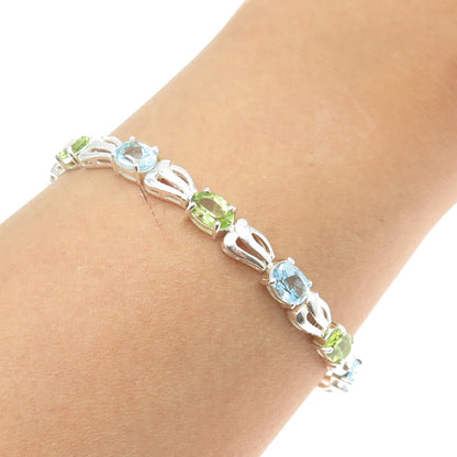 925 Sterling Silver Real Blue Topaz & Peridot Tennis Link Bracelet 7"