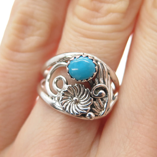 First American Traders Gallup Old Pawn Sterling Turquoise Flower Ring Size 6.25