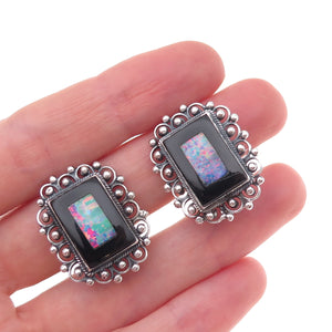 950 Silver Vintage Real Black Onyx & Opal Modernist Oxidized Clip On Earrings