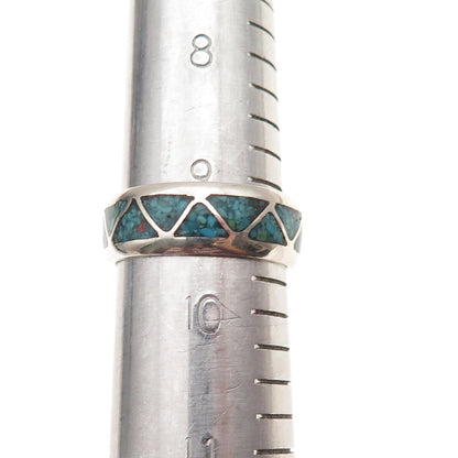 Old Pawn 925 Sterling Silver Vintage Turquoise Inlay Tribal Band Ring Size 9.75
