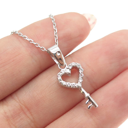 925 Sterling Silver Round-Cut C Z Open Heart Key Cable Chain Necklace 18"