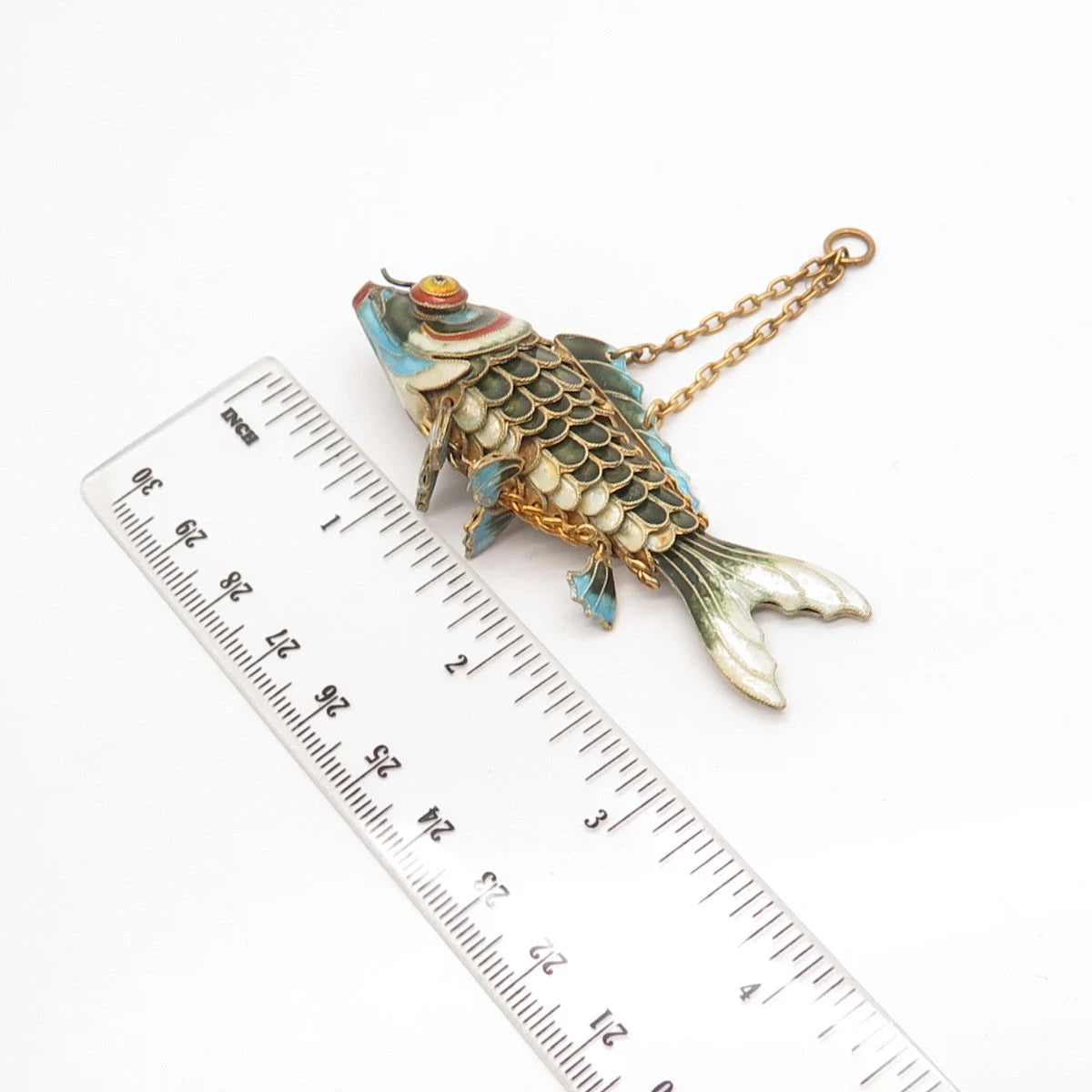 925 Sterling Silver Gold Plated Antique Enamel Chinese Chatelaine Koi Fish Fob