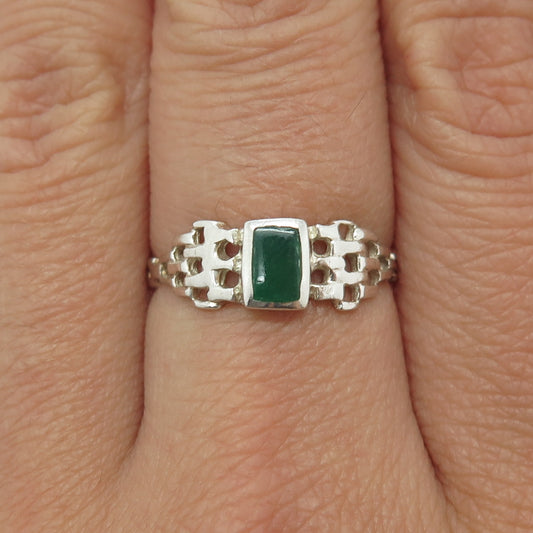 925 Sterling Silver Vintage Real Green Onyx Mesh Ring Size 7.5