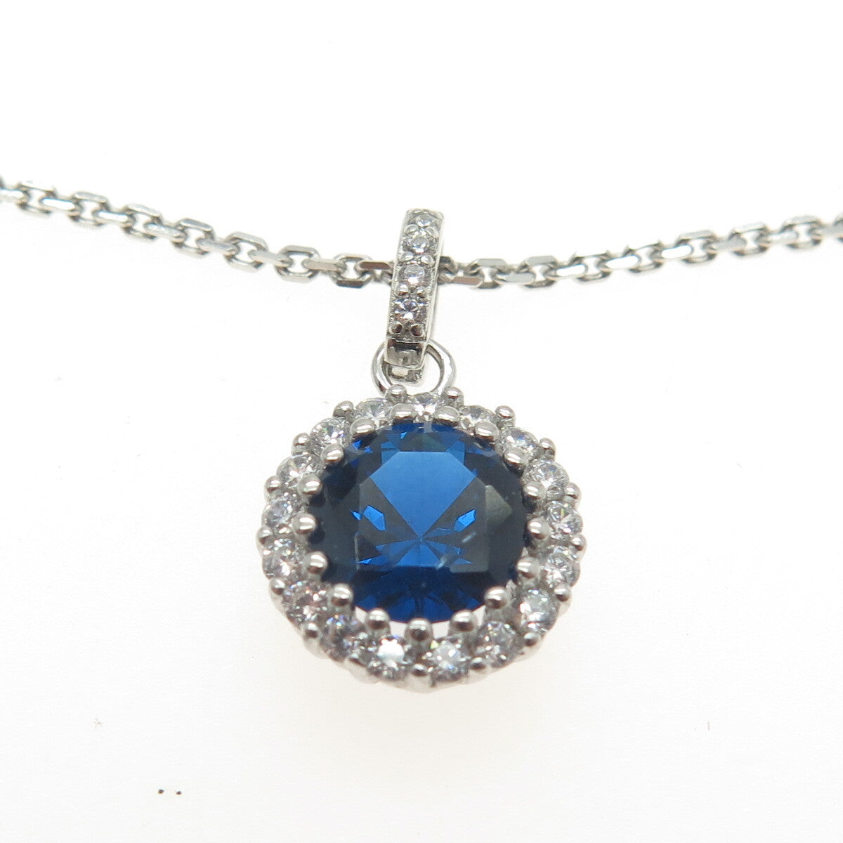 925 Sterling Silver Italy White & Blue C Z Cable Chain Necklace 16"