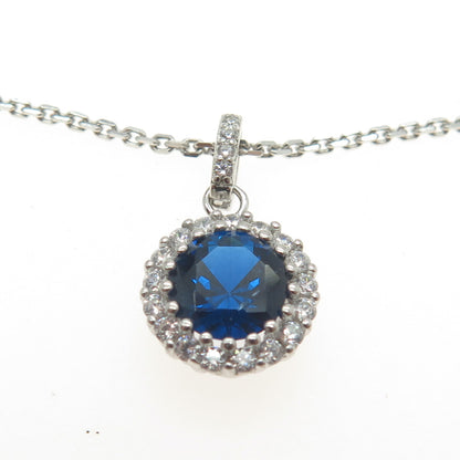 925 Sterling Silver Italy White & Blue C Z Cable Chain Necklace 16"
