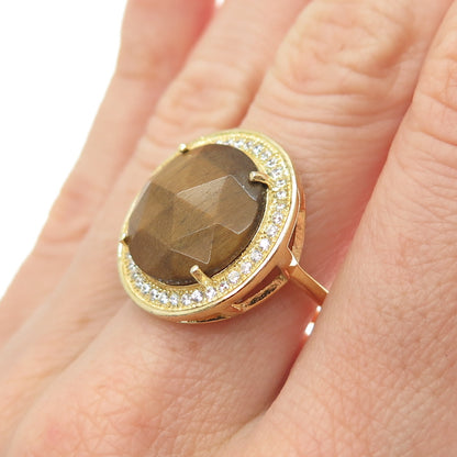 925 Sterling Silver Gold Plated Real Round-Cut Tiger Eye & C Z Ring Size 7.5