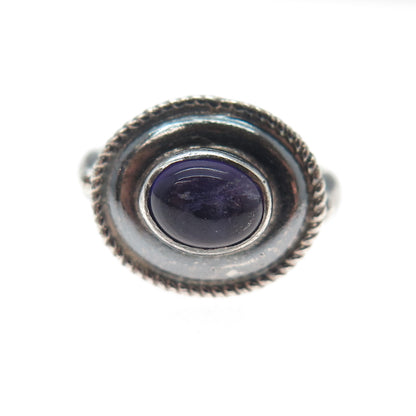 925 Sterling Silver Vintage Real Amethyst Modernist Oxidized Ring Size 7.25