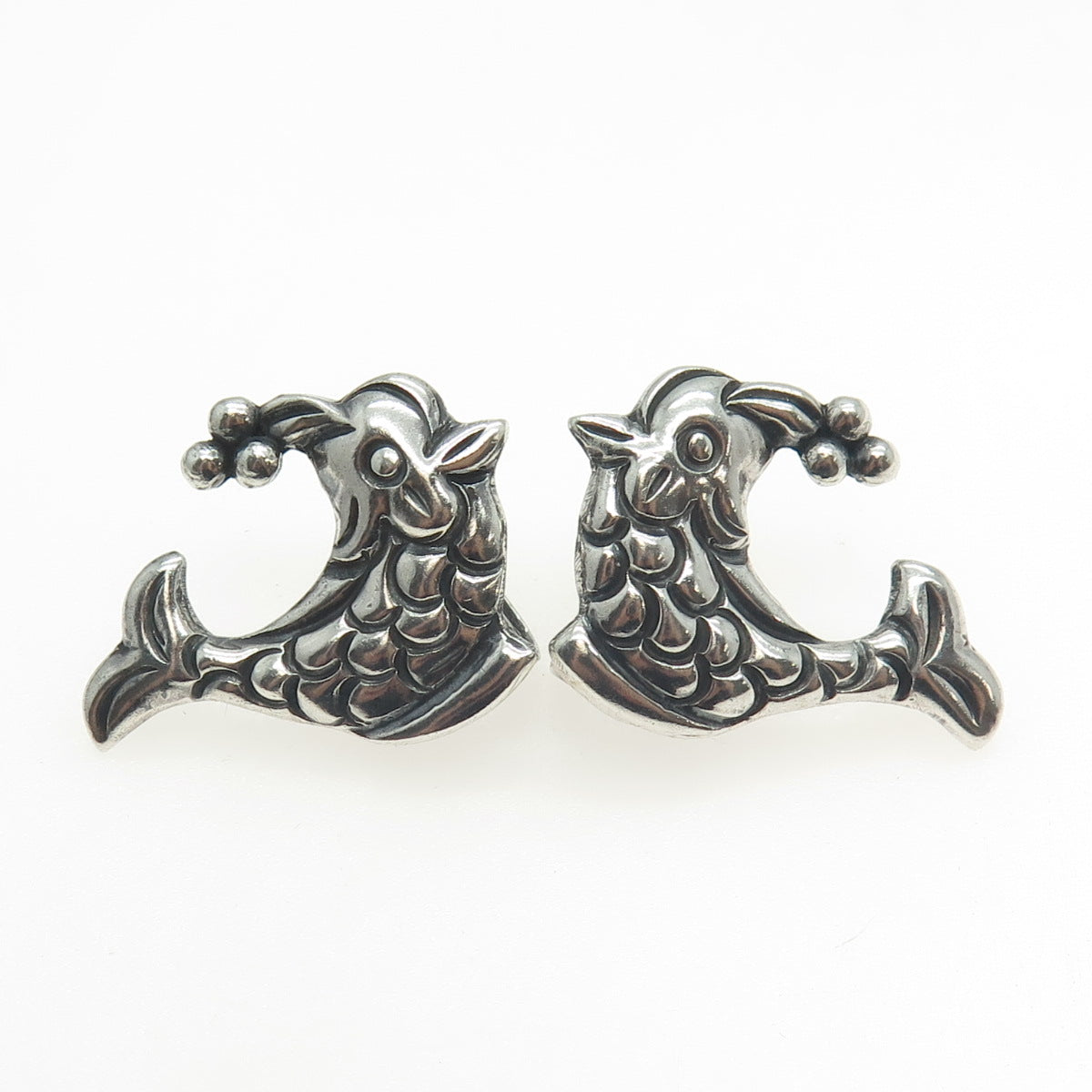 925 Sterling Silver Antique Mexico Fish Screw Back Earrings