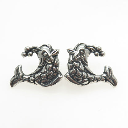 925 Sterling Silver Antique Mexico Fish Screw Back Earrings