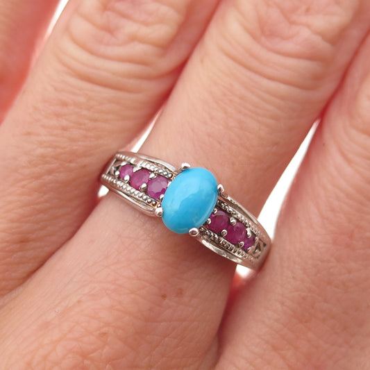 Chuck Clemency 925 Sterling Silver Real Turquoise & Ruby Ring Size 8.25