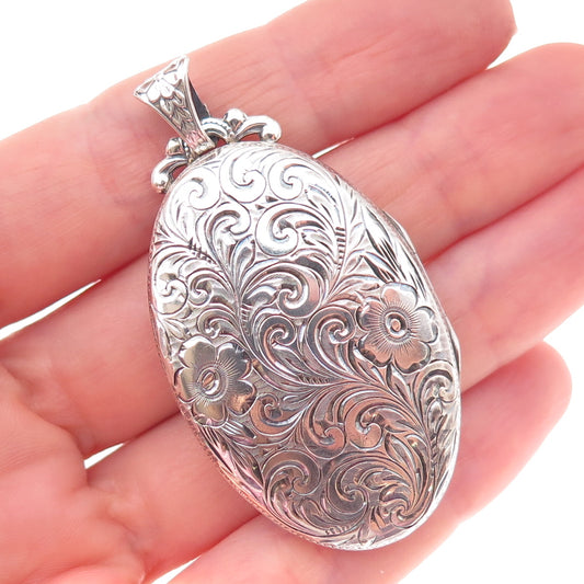 925 Sterling Silver Antique Art Deco Engraved Monogram Floral Locket Pendant