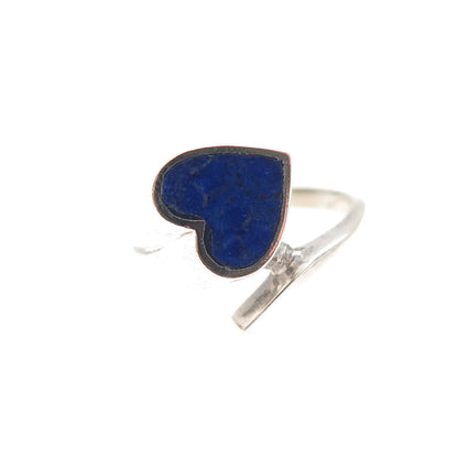 925 Sterling Silver Vintage Real Lapis Heart Bypass Oxidized Ring Size 4.25